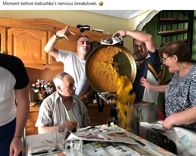 This meme features a photo of a person pouring a large bowl of cereal into a person's lap. The text above the image reads "Moment before Babushka's nervous breakdown." The image is likely humorous because it's a relatable and unexpected situation, and the caption implies that the person is experiencing a stressful or overwhelming moment.