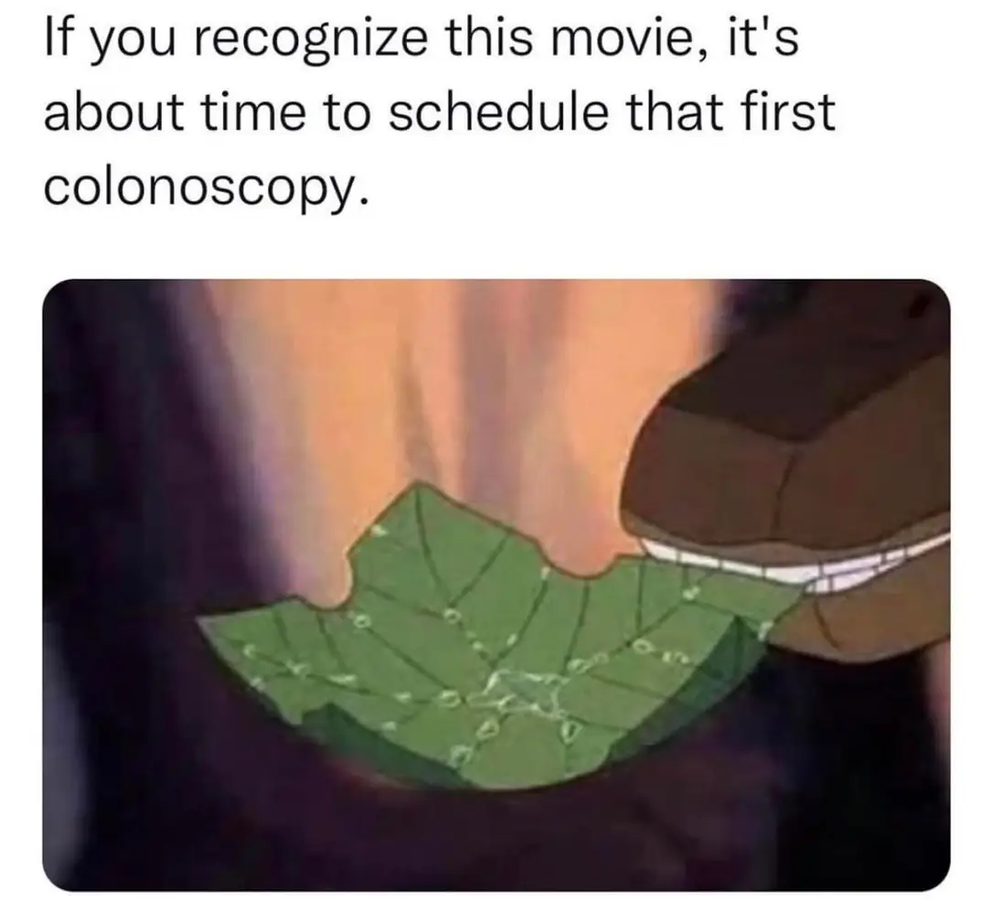 The meme is a humorous reference to a scene from the 1997 Disney movie "The Hunchback of Notre Dame". The image shows a character, Frollo, holding a book that's on fire, with a caption that says "If you recognize this movie, it's about time to schedule that first colonoscopy". The joke is that Frollo's burning book is a metaphor for a colonoscopy, a medical procedure used to examine the inside of the colon.