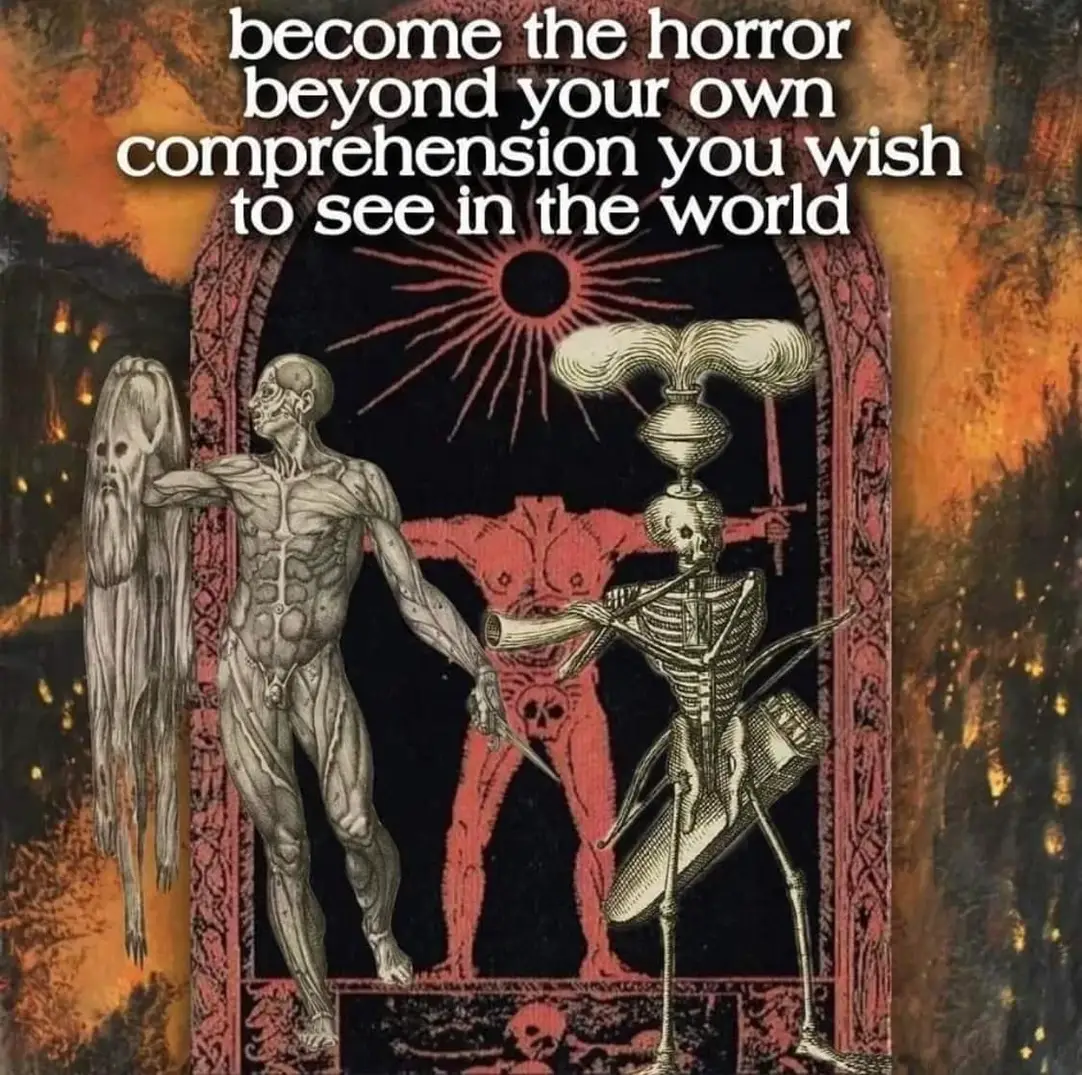 The meme is a darkly humorous image that juxtaposes a quote about experiencing horror through one's own imagination with an illustration of a skeleton playing a violin. The text "become the horror beyond your own comprehension you wish to see in the world" is written above the image.