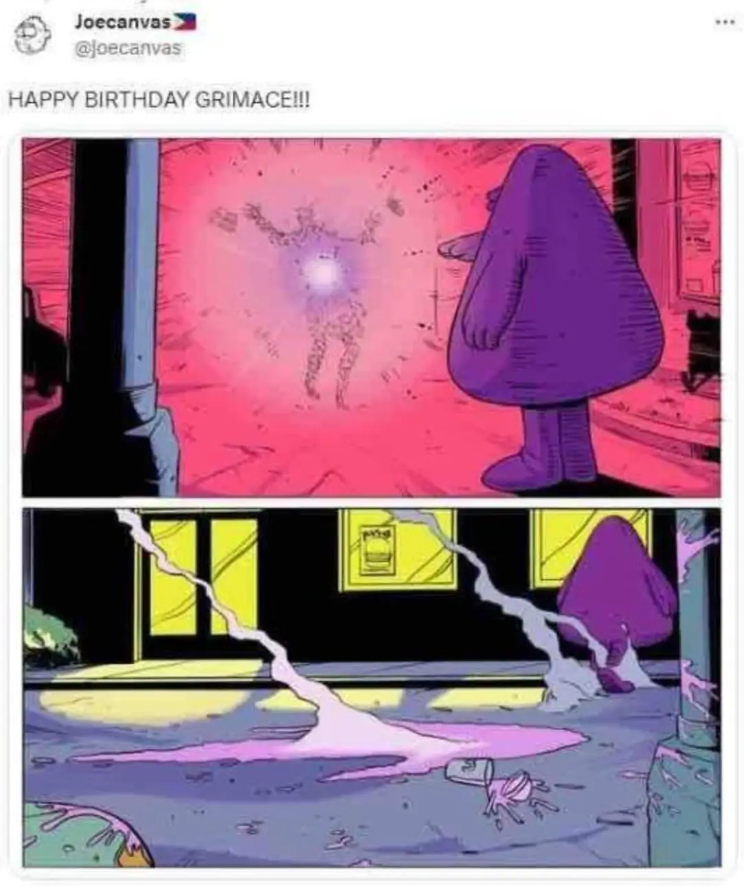 This meme is a humorous take on the character of Grimace from the McDonald's fast food chain. The image shows Grimace standing in a dark, abandoned room, surrounded by trash and debris, with a caption that reads "HAPPY BIRTHDAY GRIMACE!!!" The meme is likely referencing the character's supposed age, implying that Grimace is somehow still alive despite being over 100 years old.