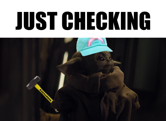 This meme is a still image from the Disney+ series "The Mandalorian" featuring the character "Baby Yoda" (also known as "The Child") from the show. The image shows Baby Yoda wearing a hat and holding a hammer, with the caption "Just checking" written above it. The meme is a humorous take on the character's curious and playful personality.