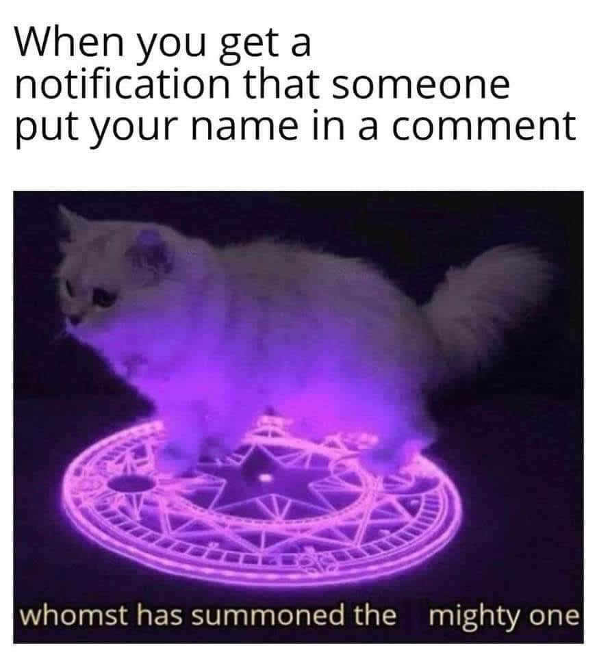 This meme is a humorous image of a cat sitting on a mysterious, glowing purple circle with the words "whomst has summoned the mighty one" written above it. The image is a playful reference to a popular internet meme, "whomst," which is a humorous way to ask "who" in a sarcastic or ironic tone. The image is meant to be humorous and lighthearted, poking fun at the idea of summoning a powerful entity with a single comment.