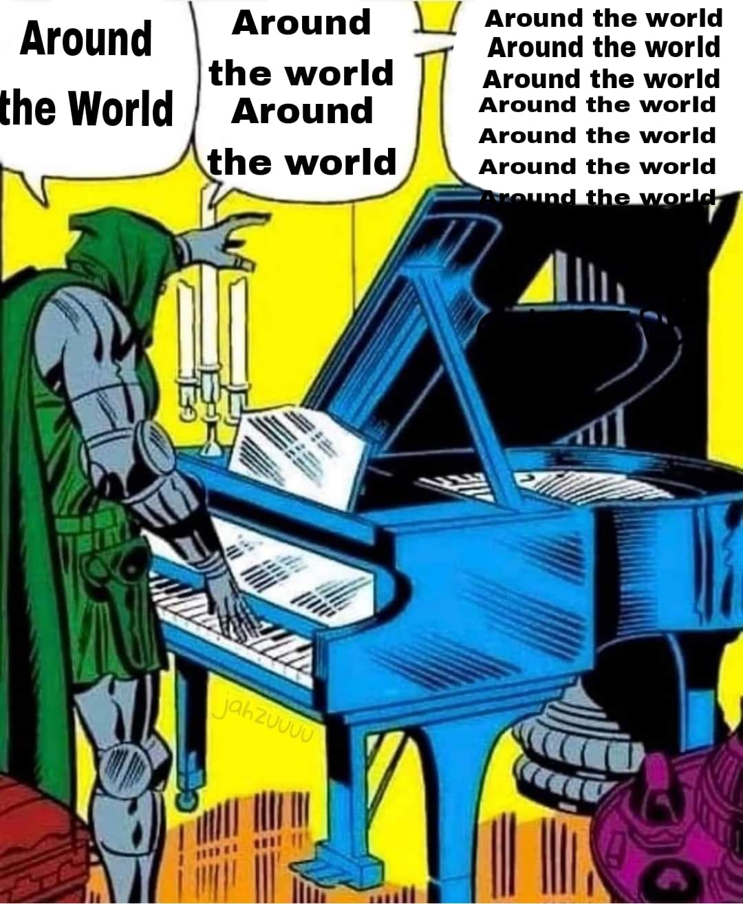 The meme features a comic book-style illustration of a villainous character, Doctor Doom, sitting at a grand piano. The image shows him playing a dramatic, over-the-top piano solo, with a caption that reads "MUSIC TO MY EARS". However, the text in the top right corner of the image is a humorous and ironic twist, reading "I'M NOT CREATING, I'M JUST COPYING THE ENTIRE BEETHOVEN SYMPHONY IN MY HEAD".