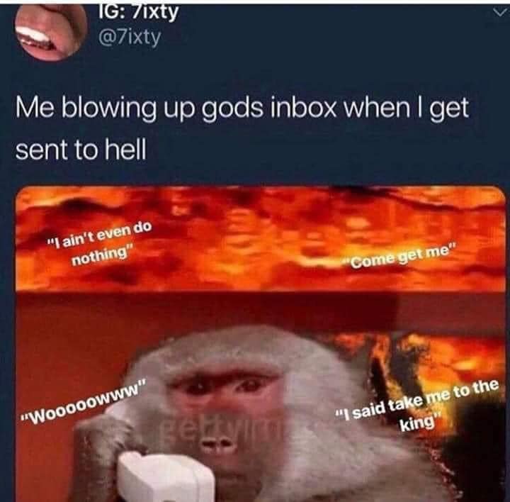 This meme is a humorous image of a monkey holding a phone, with a caption describing a person's sarcastic response to receiving an email from a deity. The text on the image reads "I'm not even doing anything" and "I said take me to the king", implying a person is responding to a divine summons with a sarcastic and uncooperative attitude.