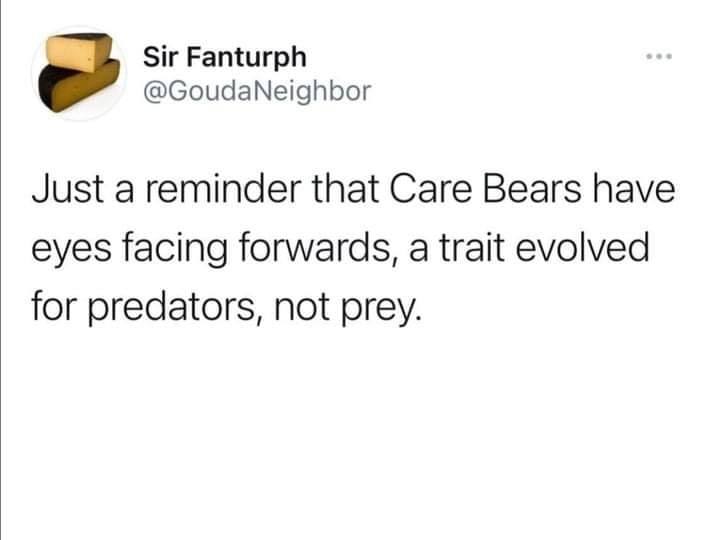 This meme is a humorous image featuring the Care Bear character Tenderheart Bear, but with a dark twist. The image shows Tenderheart Bear with a menacing, villainous expression, and the text "Just a reminder that Care Bears eyes are actually a warning sign that you're about to be eaten" appears in the image. The meme is poking fun at the idea that the Care Bears' cute and innocent appearance is actually a warning sign for predators.