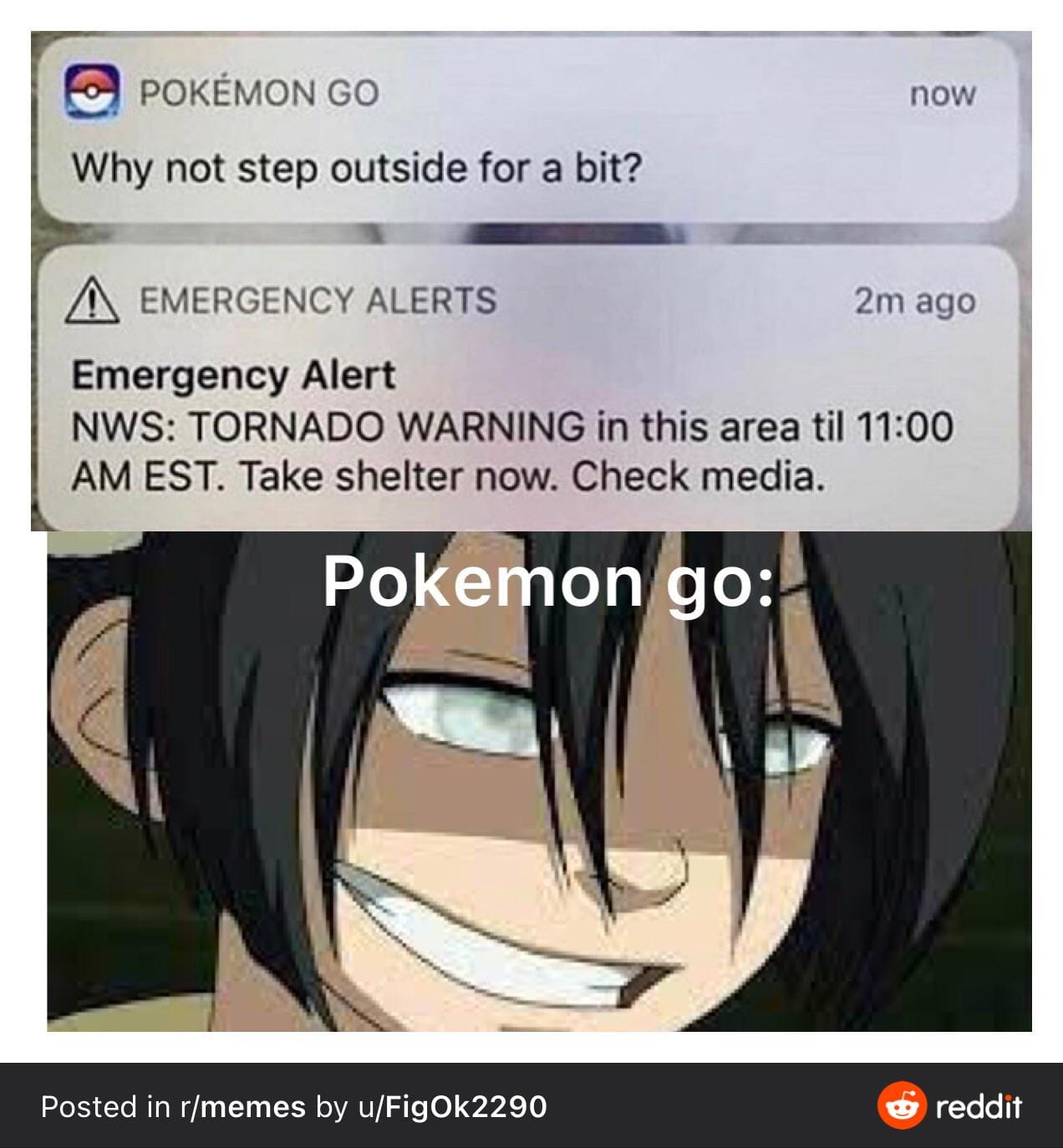 This meme is a humorous take on the Pokémon Go app's alert system. The image shows a Pokémon Go alert about a tornado warning, but the user responds with a sarcastic comment, "Why not step outside for a bit?" The meme pokes fun at the idea that the app would suggest going outside during a tornado warning, which is absurd and potentially life-threatening.