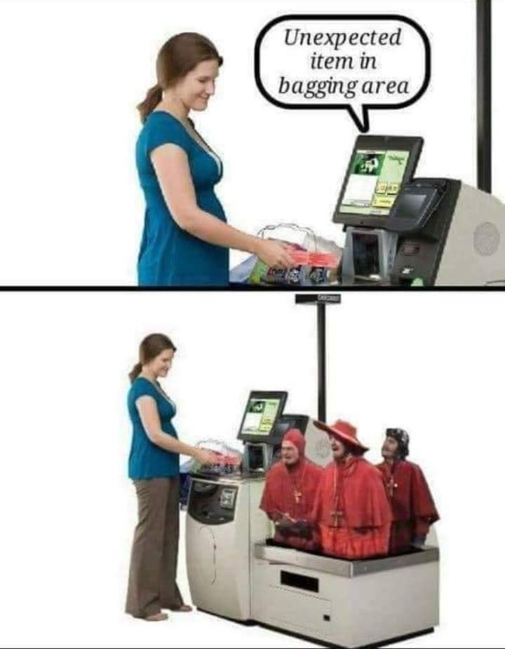 This meme is a play on the common phrase "unexpected item in bagging area" that is often displayed on store screens when a customer's purchase is not scanned correctly. The meme shows a store screen with this phrase, but instead of a normal error message, it says "unexpected item in bagging area: 4 people in clown costumes".
