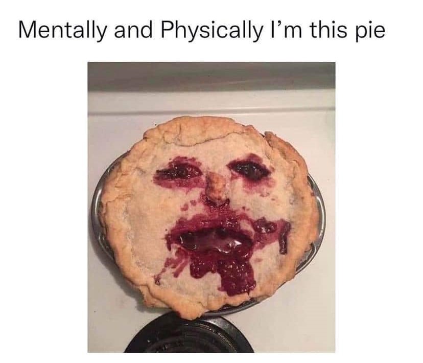 This meme features a photo of a pie with a human-like face, which is a humorous and unsettling image. The text above the image reads "I'm not a monster, I'm a pie". The meme is likely referencing the popular song "I'm Not a Monster" by Marilyn Manson, but has been adapted to be about a pie.