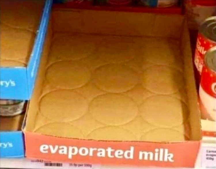 This meme is a picture of an empty shelf in a supermarket, with a sign on the shelf that says "Evaporated Milk". The joke is that the shelf is completely empty, implying that the product has been sold out, but the sign still says "Evaporated Milk" as if it's still available. The humor comes from the absurdity of the situation.