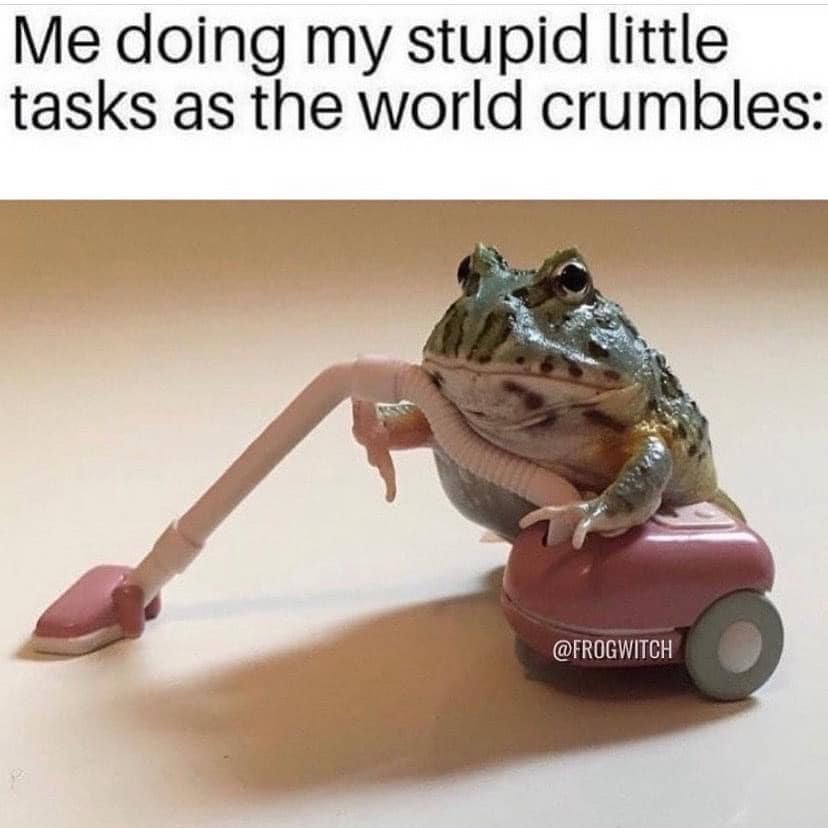 This meme features a cartoon frog sitting on a tiny lawnmower, with the caption "Me doing my stupid little tasks as the world crumbles". The image is humorous and relatable, poking fun at the idea that even in times of chaos, everyday tasks like mowing the lawn can be a source of comfort and normalcy.
