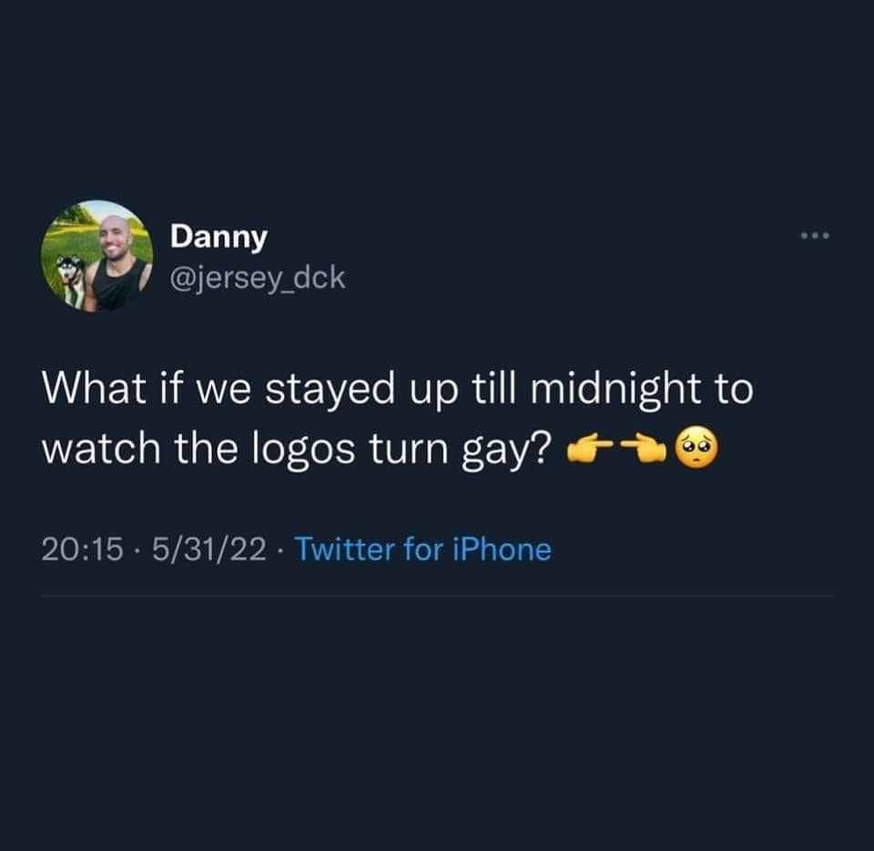 The meme is a screenshot of a Twitter post that reads: "What if we stayed up till midnight to watch the logos turn gay?" The post is likely a joke or a meme that is referencing a popular internet culture phenomenon, but the exact reference is unclear. The tone of the post is likely humorous and lighthearted.