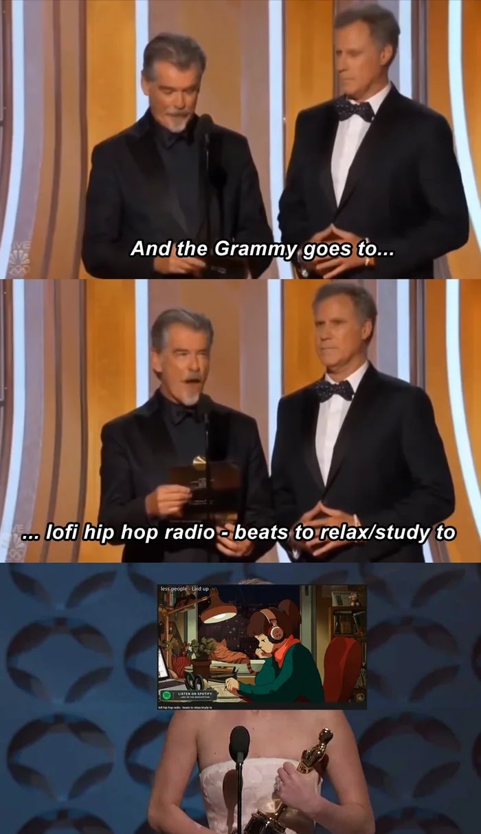 This meme is a humorous comparison between the Grammy Awards and a more relaxed, laid-back event. The text "And the Grammy goes to... and the Grammy goes to... and the Grammy goes to..." is repeated multiple times, with each time replacing the typical award winner with a more laid-back and relaxing activity, such as "and the Grammy goes to... a good nap", "and the Grammy goes to... a nice walk", and "and the Grammy goes to... a good meal". The meme pokes fun at the idea of the Grammys being a serious and formal event, and instead suggests that the winner would be something more relaxing and enjoyable.