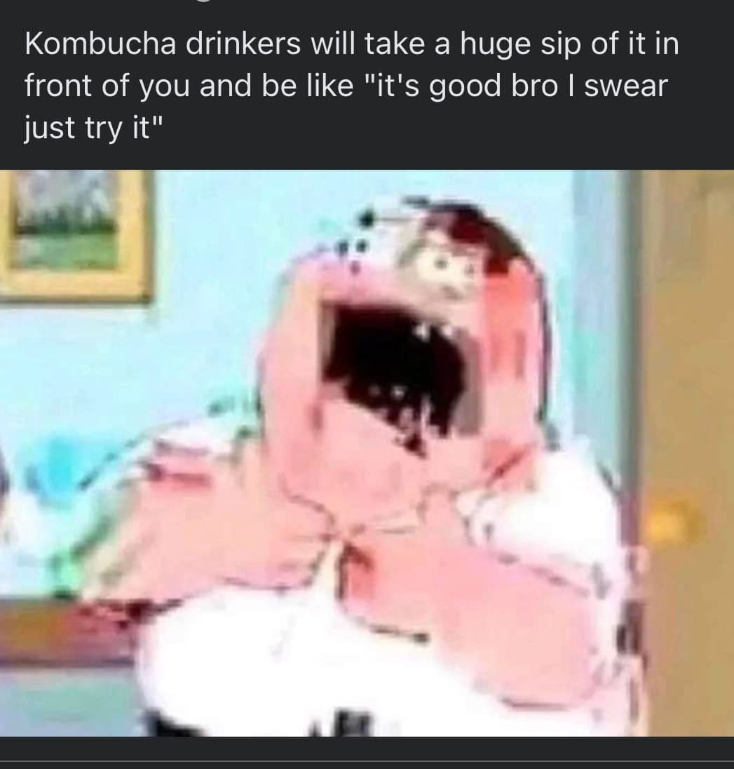 This meme features a cartoon character with a shocked expression, reacting to someone drinking a type of fermented tea called kombucha. The text above the image reads: "Kombucha drinkers will take a huge sip of it in front of you and be like 'it's good, bro, I swear just try it'".