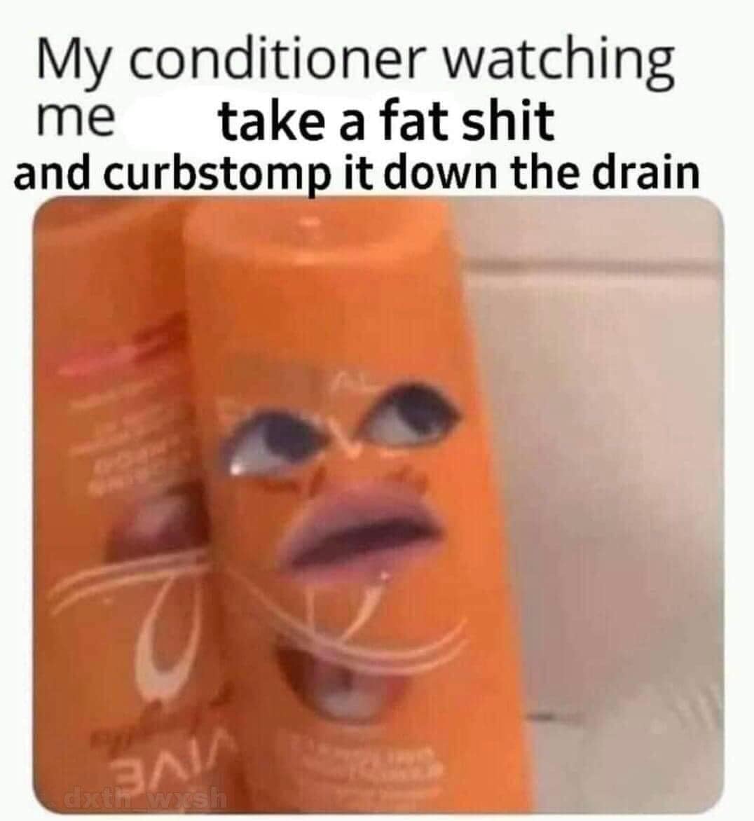 This meme is a humorous image of a bottle of conditioner with a shocked and annoyed expression. The text at the top reads "My conditioner watching me" and the text at the bottom says "take a fat shit and curbstomp it down the drain". The image is meant to be humorous and ironic, implying that the conditioner is judging the user's poor hygiene habits.
