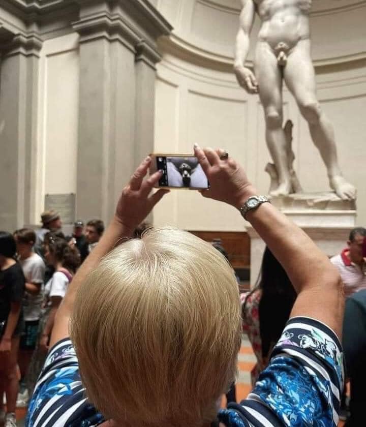 This meme is a play on the iconic statue of David, but with a humorous twist. The image shows a person taking a selfie in front of the statue, but their arms are stretched out to the sides, forming a crude "V" shape with their hands, implying that they're trying to take a selfie with the statue's genitals in the frame. The text overlay on the image reads "When you're trying to get the perfect selfie with David".