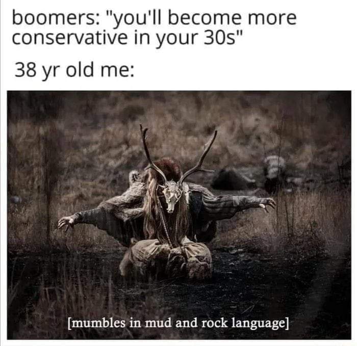 This meme is a humorous commentary on the perceived differences between generations. It features a dark, eerie image of a person (or creature) with long hair and antlers, sitting in a muddy, swampy environment. The image is captioned with the phrase "In 2-3 sentences, describe this meme for someone who cannot see it."