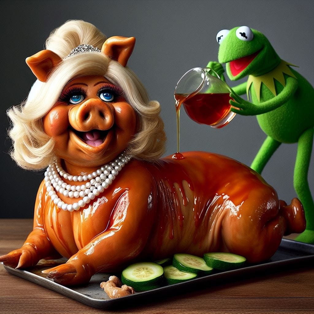 The meme is a digital image of a 3D-generated Muppet-like character, a fusion of Muppet and a pig, with a distorted and exaggerated facial expression, surrounded by a messy and chaotic environment. The character is ho...