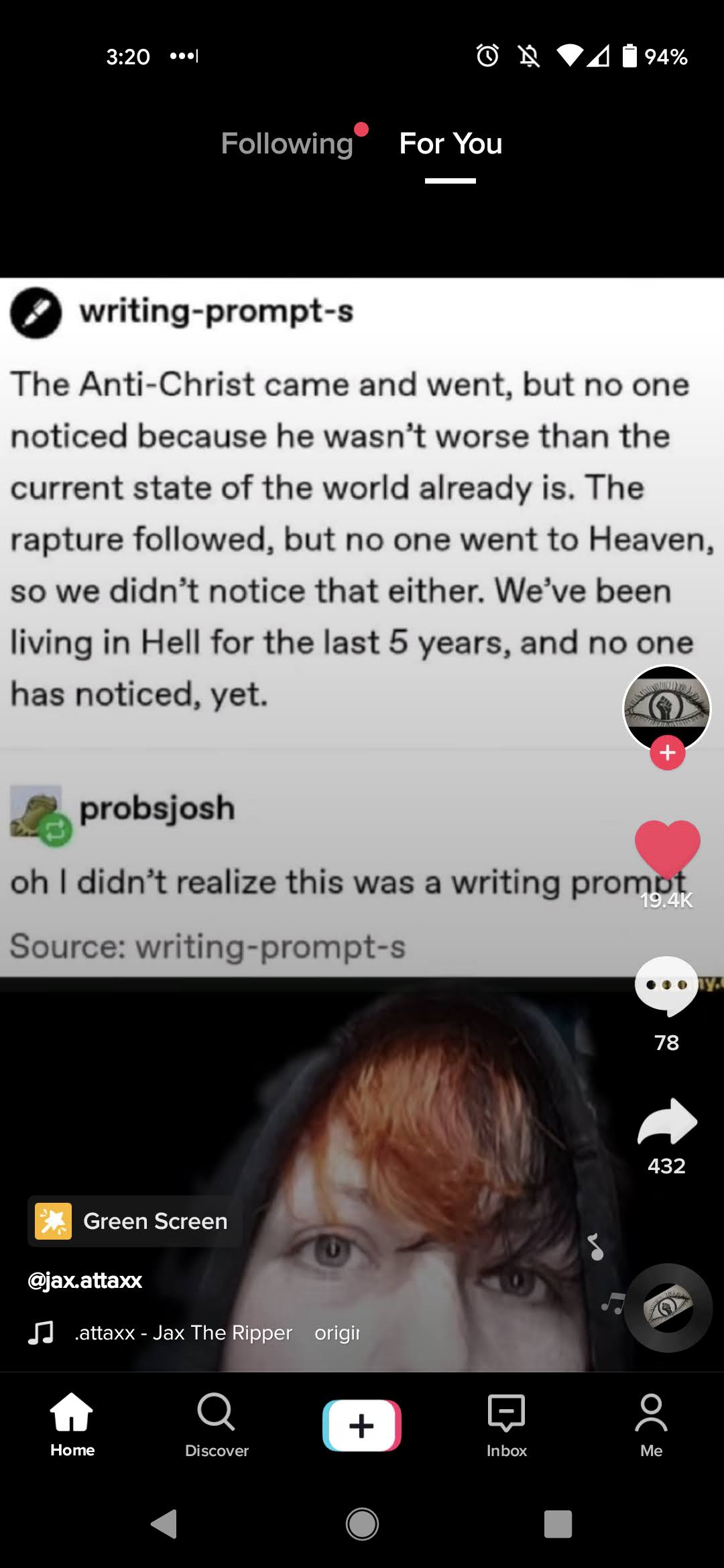 The meme is a screenshot of a TikTok comment section, where a user named "probsjosh" responds to a prompt asking for a "writing prompt" with a humorous and sarcastic comment. The text reads: "oh I didn't realize this was a writing prompt". The comment is likely meant to be humorous and ironic, poking fun at the idea that a simple comment on a social media platform is a "writing prompt".