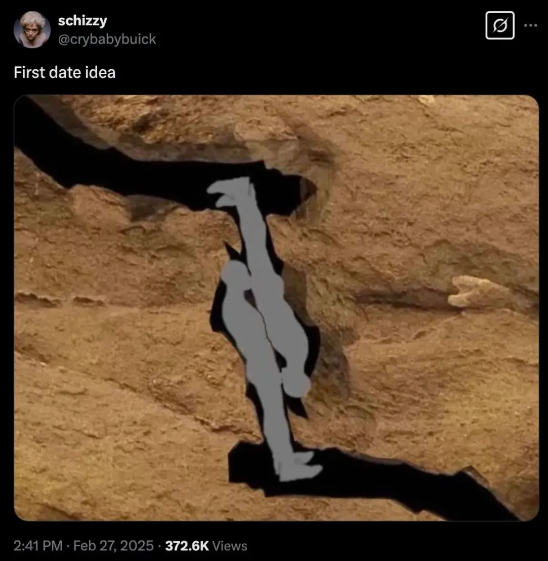The meme is a still image from a video game, where a character is stuck in a narrow cave and is trying to squeeze through a tight space. The character is depicted in a humorous, exaggerated pose, with their legs and a...