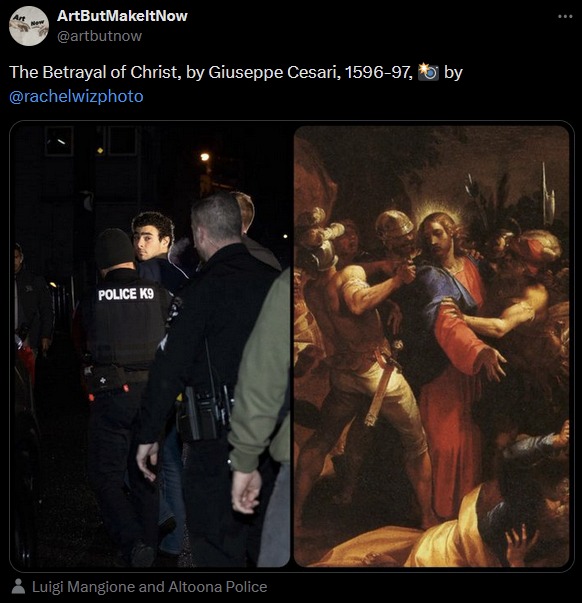 This meme is a humorous comparison between a famous painting, "The Betrayal of Christ" by Caravaggio, and a modern-day police officer being arrested. The meme juxtaposes the two images, with the painting on the left and a photo of a police officer being handcuffed on the right. The text that appears in the image is "In 2-3 sentences, describe this meme for someone who cannot see it. Include any text that appears in the image."