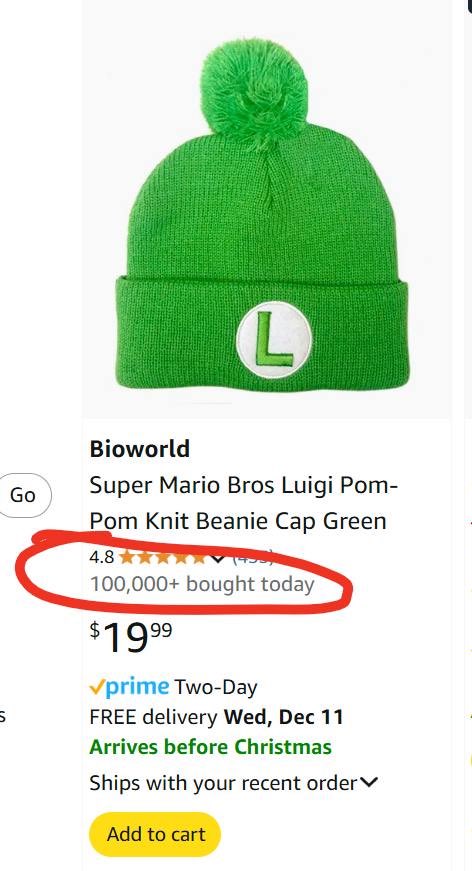 The meme is a screenshot of a product listing on Amazon, specifically a "Mario Bros. Luigi Green" hat. The image shows a hat with a green color and a white "L" logo, and the product description mentions it's a " Luigi's Green Hat" and has a price of $19.99.