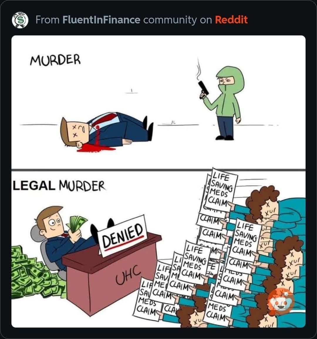This meme is a humorous comparison between two situations: a person being murdered (top) and a person being denied a medical claim (bottom). The top image shows a person being murdered, while the bottom image shows a person sitting at a desk, holding a sign that says "DENIED" and surrounded by papers with claims being rejected, with a caption "LAWYERS ARE JUST LIKE HITMEN... BUT RATHER THAN KILLING YOU... THEY JUST KILL YOUR INSURANCE CLAIM".