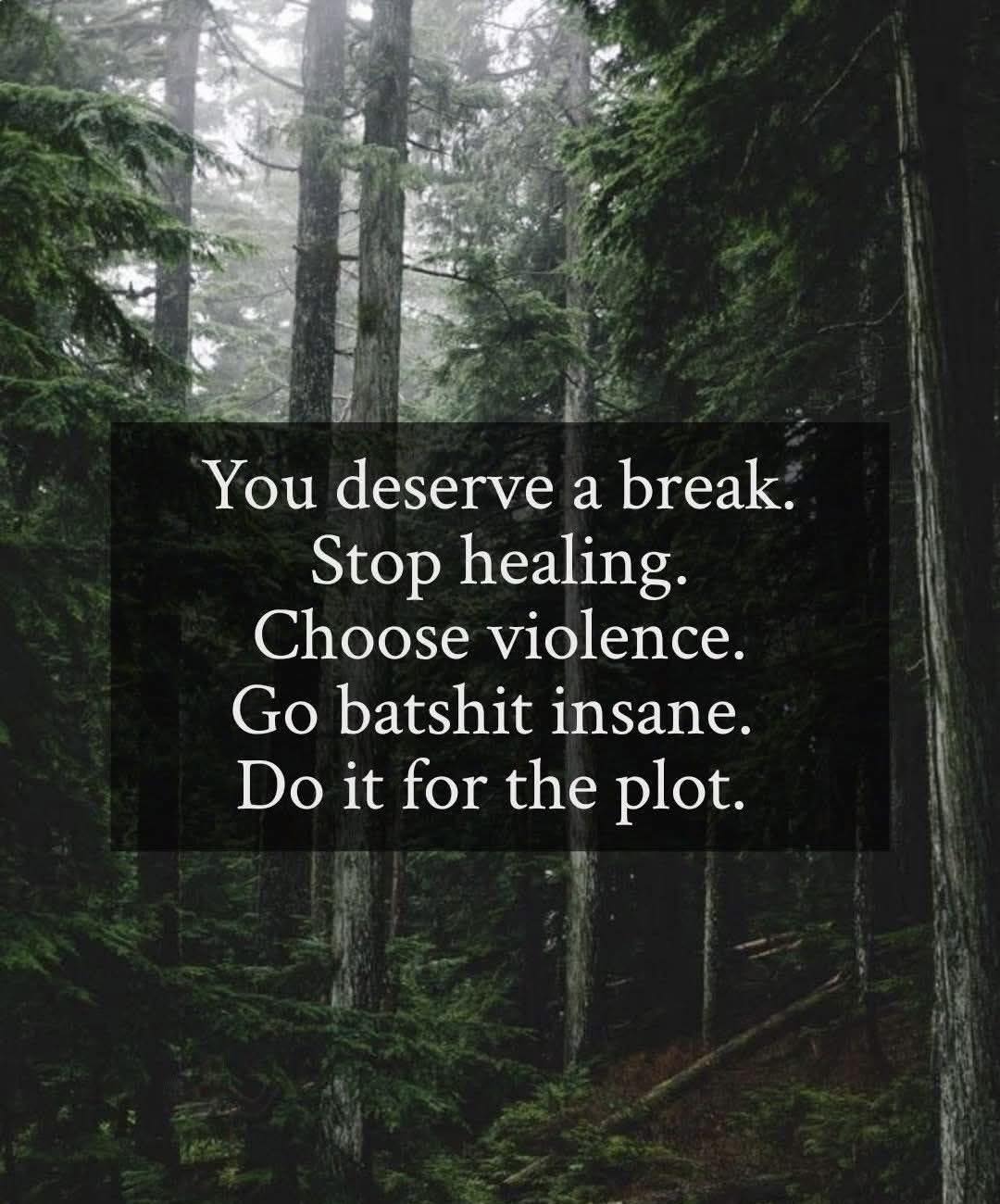 This meme is a humorous take on the common phrase "You need a break." The image is a dark forest with trees and fog, but the text is what's most important. The text reads: "You deserve a break. Stop doing the thing. Go outside. Take a walk. Do nothing. You need it."