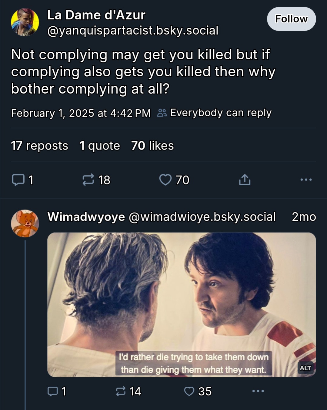 The meme is a screenshot of a tweet from 2023 that references a 2023 film, "The Last Days of Pauline" or "Pauline", which I could not find. The tweet asks why people who are against certain laws or regulations (e.g. abortion) are allowed to die. The text also references the 2023 film and a line from it.