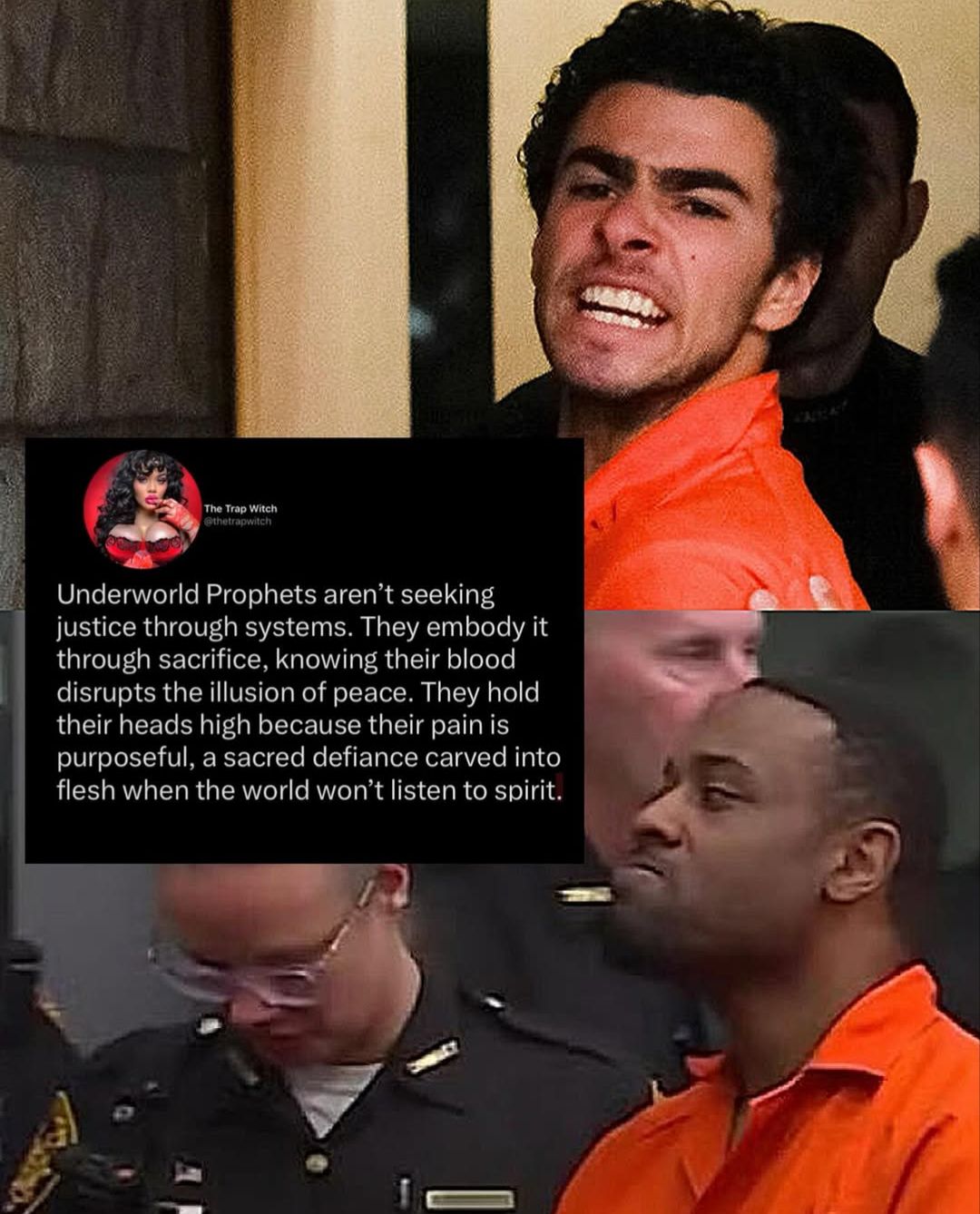 This meme is a humorous take on the concept of "Underworld Prophets" as a fictional group. The image is a screenshot of a person in a courtroom, but the text overlay reads: "Underworld Prophets aren't seeking justice through the system, they're seeking revenge through the streets."