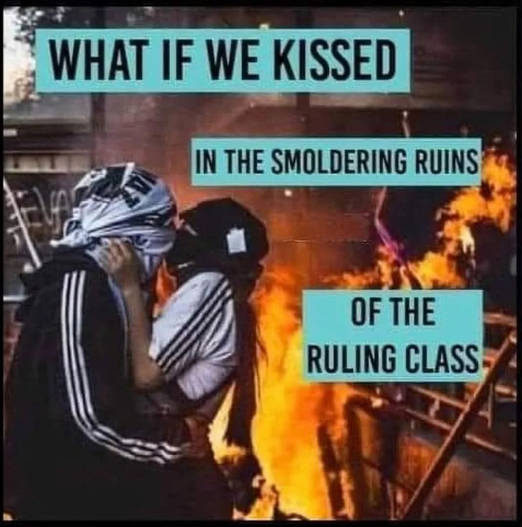The meme is a humorous take on a hypothetical romantic scenario. The image is captioned with the phrase "What if we kissed in the smoldering ruins of the ruling class?" which implies a dramatic and intense romantic encounter in a post-apocalyptic or dystopian setting.