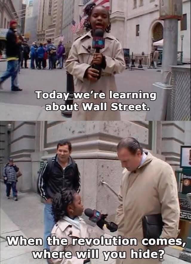 The meme is a screenshot of a news anchor asking a young girl on the street about the current economic situation, specifically Wall Street. The anchor asks if she knows what Wall Street is, and the girl responds with a clever and humorous answer. The text overlay says "When the revolution comes, where will you hide?"