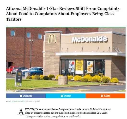 The meme is an image of a McDonald's restaurant with a caption referencing a 1-star review on the platform. The review claims to have been written by the CEO of McDonald's, stating that they are "treating" employees poorly and that the food is not good. The review is sarcastic and humorous, implying that the CEO is trying to make a joke about the quality of McDonald's food.