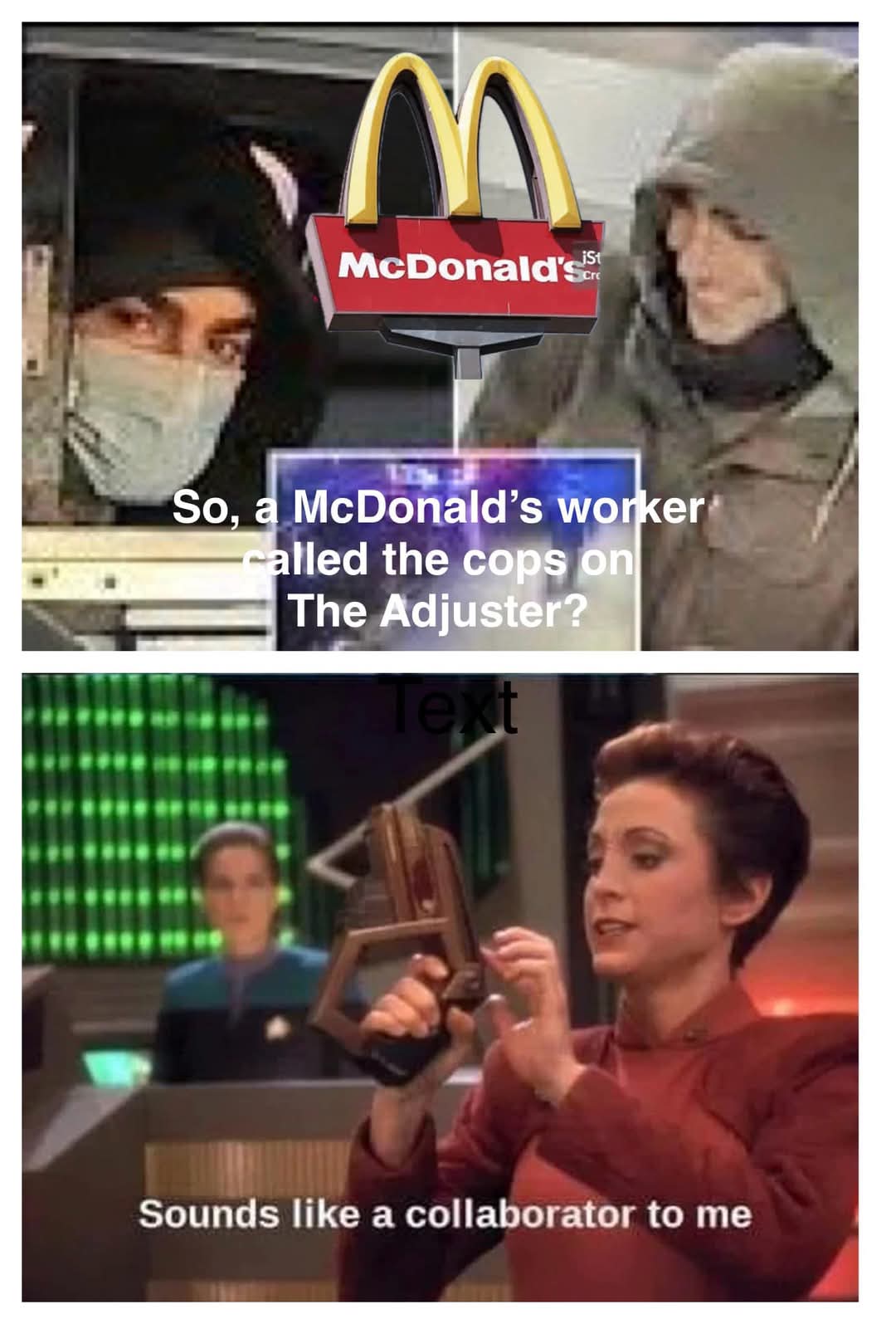 The meme is a humorous take on the 2023 FBI raid on Donald Trump's Mar-a-Lago estate. The top image shows a person being questioned by an FBI agent, while the bottom image shows a person using a device to scan their surroundings, with the text "I'm not a lawyer, but I play one on TV" appearing on the screen. The text "So, a McDonald's worker called the cops on The Adjuster?" appears above the top image.