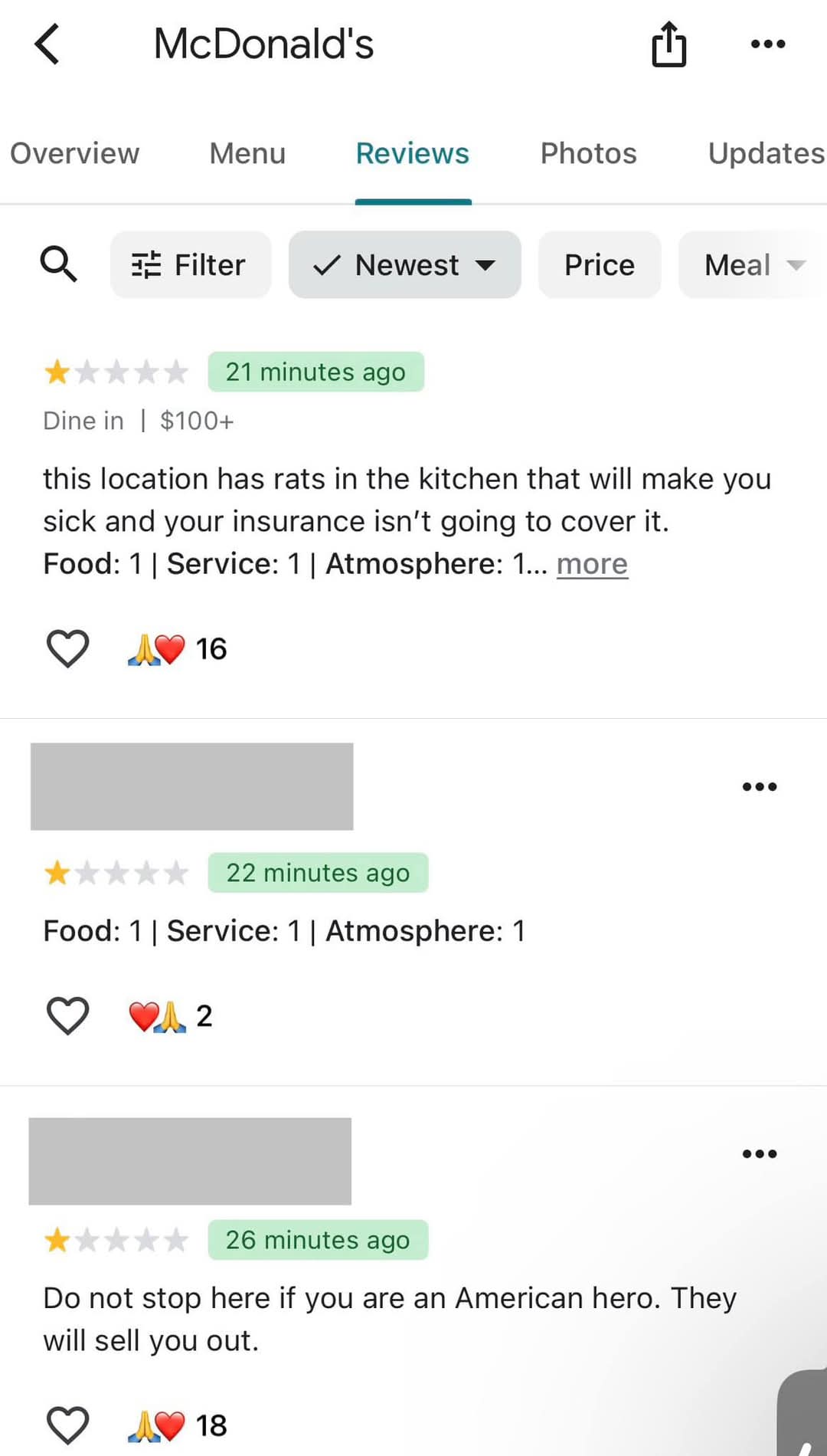 The meme is a screenshot of a review on a food delivery app, where a user is complaining about finding a rat in their food. The user writes: "This location has rats in the kitchen that will make you sick and your insurance isn't going to cover it."