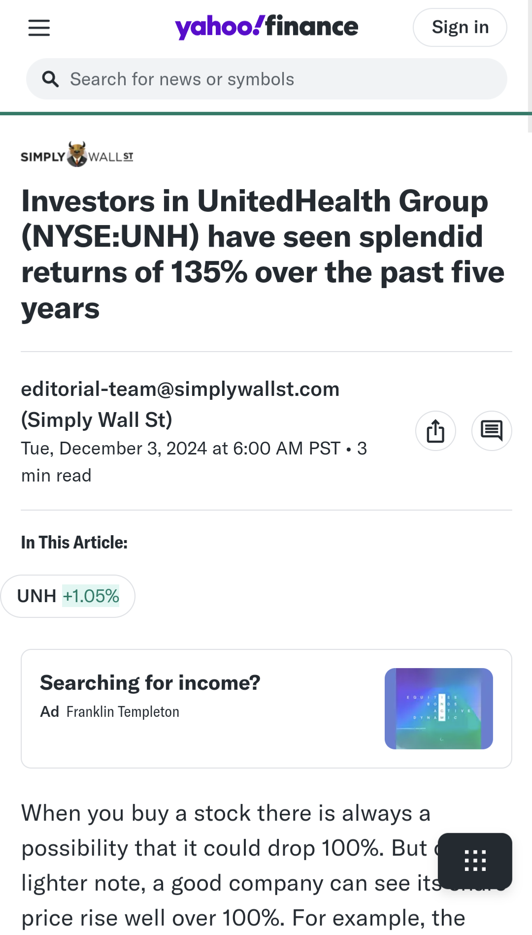The meme is an image of a news article headline from Yahoo Finance, with a screenshot of the article's title and a brief summary of the content. The headline reads: "In 2-3 sentences, describe this meme for someone who cannot see it. Include any text that appears in the image." The article is about the performance of the stock market, specifically the stock of the UnitedHealth Group (UNH) and its performance over the past five years.