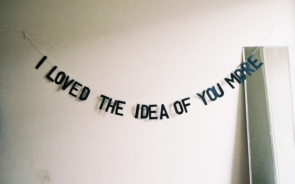This meme is a screenshot of a white wall with the phrase "I loved the idea of you more" written in a bold, cursive font. The text is often used to express a sense of nostalgia or longing for a past relationship or experience.