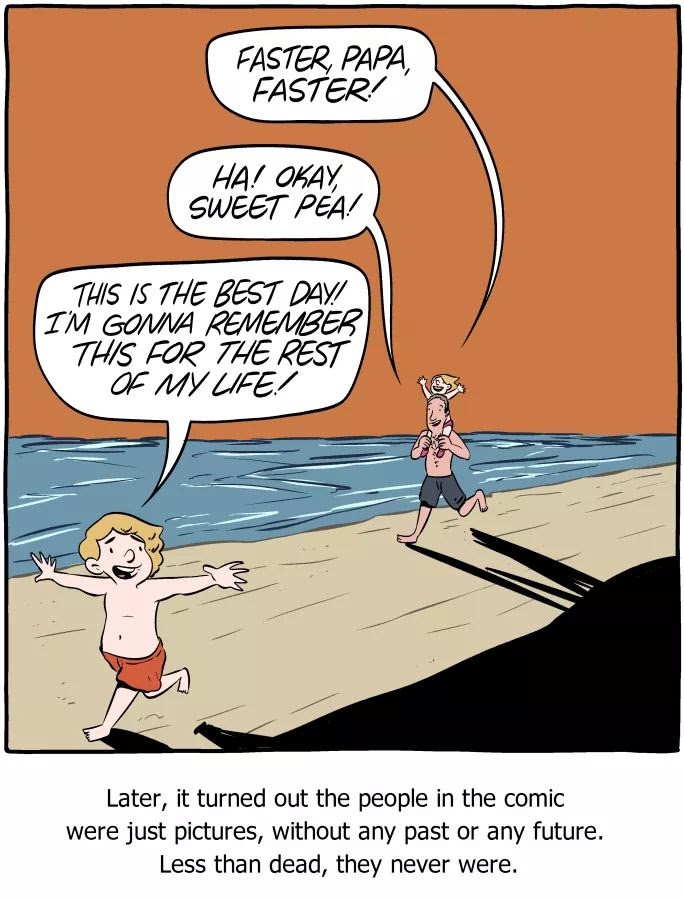 This meme is a comic strip featuring two characters on a beach. The first character is a young boy, and the second character is an older man who has passed away. The text in the image reads: "In 2-3 sentences, describe this meme for someone who cannot see it."