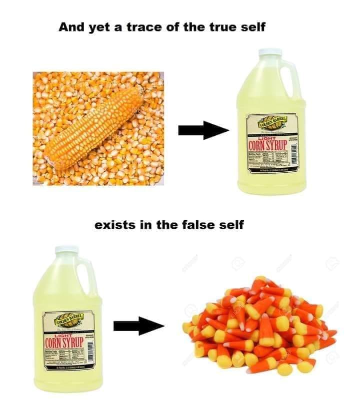The meme is a play on the phrase "and yet" which is often used to indicate a contrast or a surprise. The image shows a corn kernel, a bottle of corn syrup, and a bottle of corn syrup with a label that says "I am not corn syrup". The text above the image reads "And yet a trace of the true self" and the text below reads "exists in the false self".