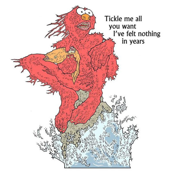 This meme features a cartoon of Elmo from Sesame Street, but with a grotesque and distorted appearance. The image shows Elmo with a twisted, zombie-like face and a body that's been torn apart, with a caption that reads "I'm not mad, I'm just upset" in a bold, angry font.