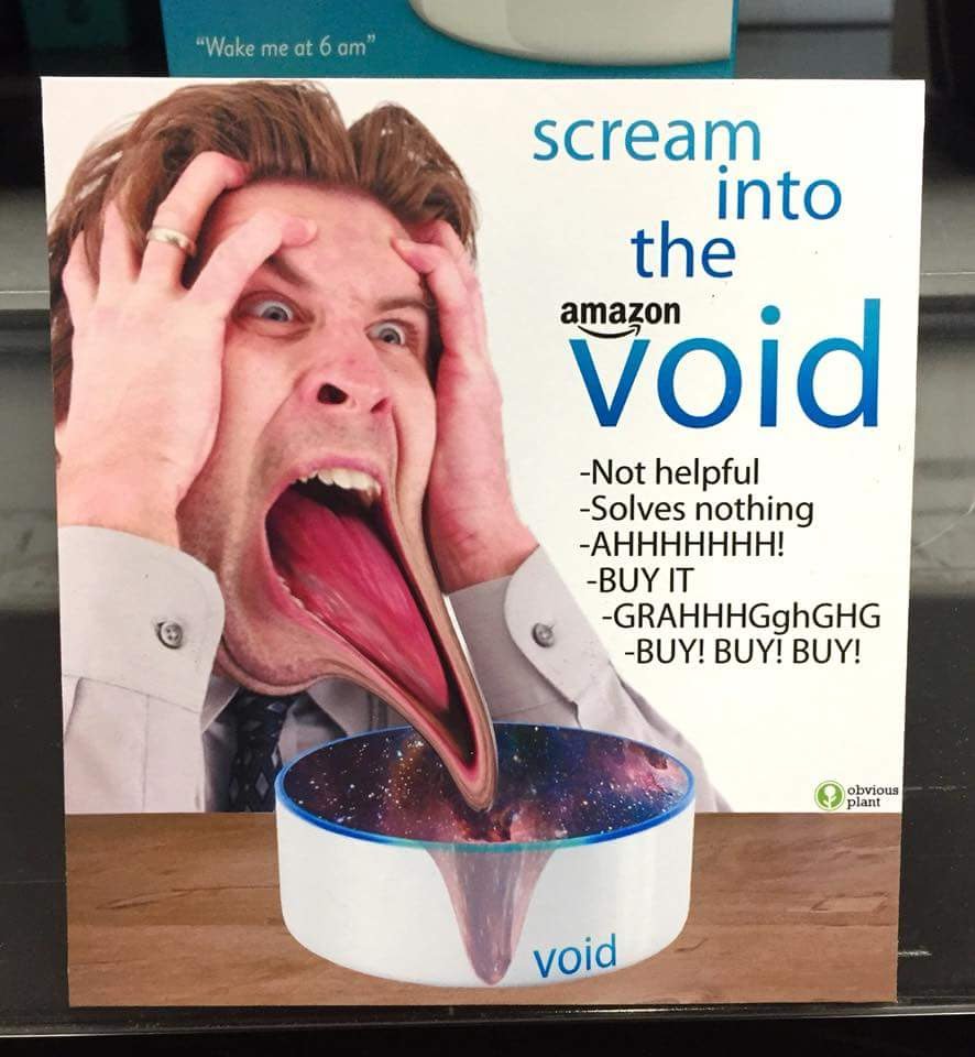 The meme is a humorous image of a man with a shocked expression, with his face and body stretched out like a cartoon character. The text above the image reads "Scream into the void" and below it says "Amazon's customer service". The image is a play on the idea that when you're frustrated with a company, you might feel like you're screaming into the void, with no one to hear your complaints.