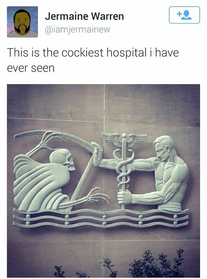 This meme is a humorous image of a hospital sign with a graphic of a man and a woman being pulled apart by a giant snake, with the caption "This is the hospital where I was born" and the response "This is the hospital where I died". The image is a darkly comedic take on the idea of a hospital being a place of both birth and death.