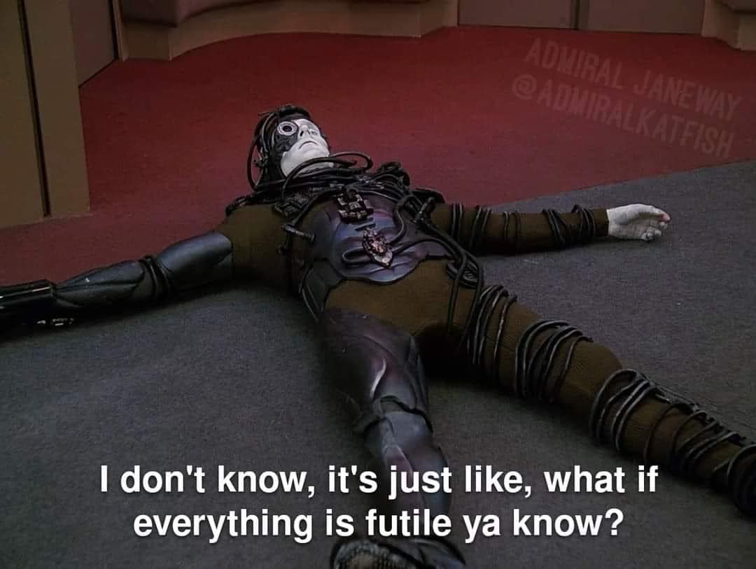 The meme features a still image of a character from the TV show Star Trek: The Next Generation, specifically the android Data's brother, Lore. The image shows Lore lying on the floor, looking defeated and helpless. The text overlay reads: "I don't know what the future holds, but I see it in your eyes."