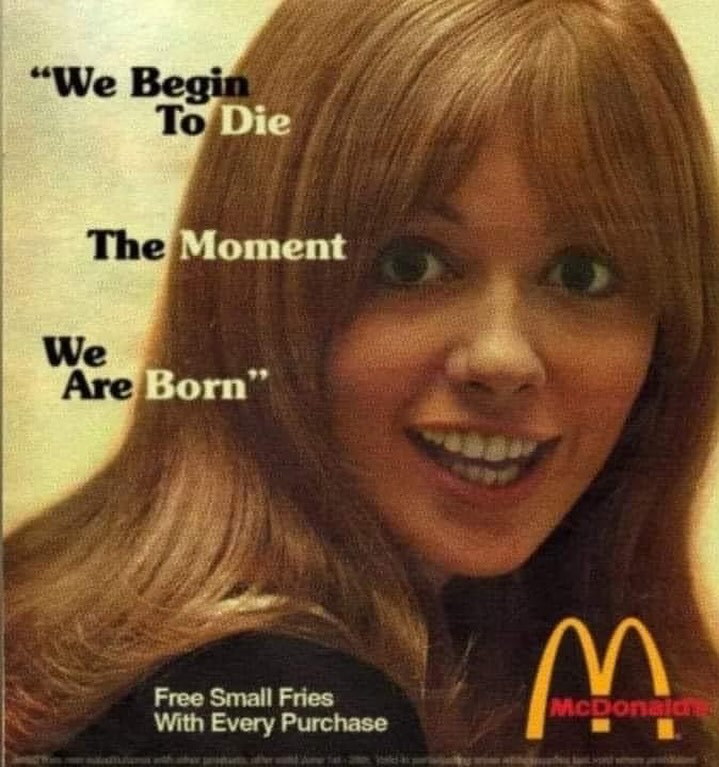 This meme is a screenshot of a 1971 McDonald's ad featuring a smiling woman with the famous quote "I'm Lovin' It" replaced with "I'm Lovin' It... to Die". The ad is a play on the iconic McDonald's slogan, but with a dark and humorous twist, poking fun at the idea of enjoying food to the point of death.