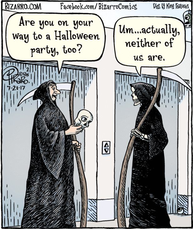 This meme features two cartoon depictions of the Grim Reaper, one of whom is holding a skull and the other is standing in front of an elevator door. The first Grim Reaper asks the second if he is on his way to a Halloween party, and the second responds with a dry "In 2-3 sentences, describe this meme for someone who cannot see it. Include any text that appears in the image."  The text in the image reads: "Are you on your way to a Halloween party, too? Um... actually, neither of us are."
