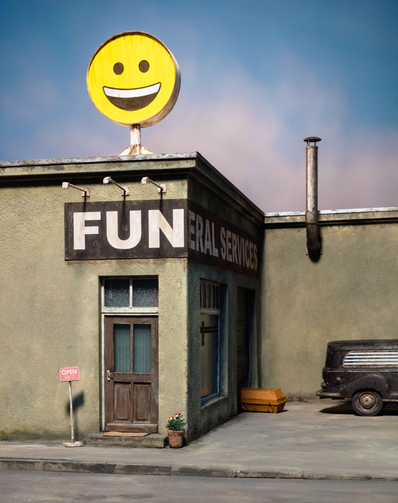The meme features a building with a sign that says "Funeral Services" and a giant smiley face on top, implying a humorous and ironic contrast between the expected somberness of a funeral and the cheerful, upbeat nature of a smiley face. The image is likely meant to be humorous and satirical, poking fun at the idea of a funeral being a "fun" experience.