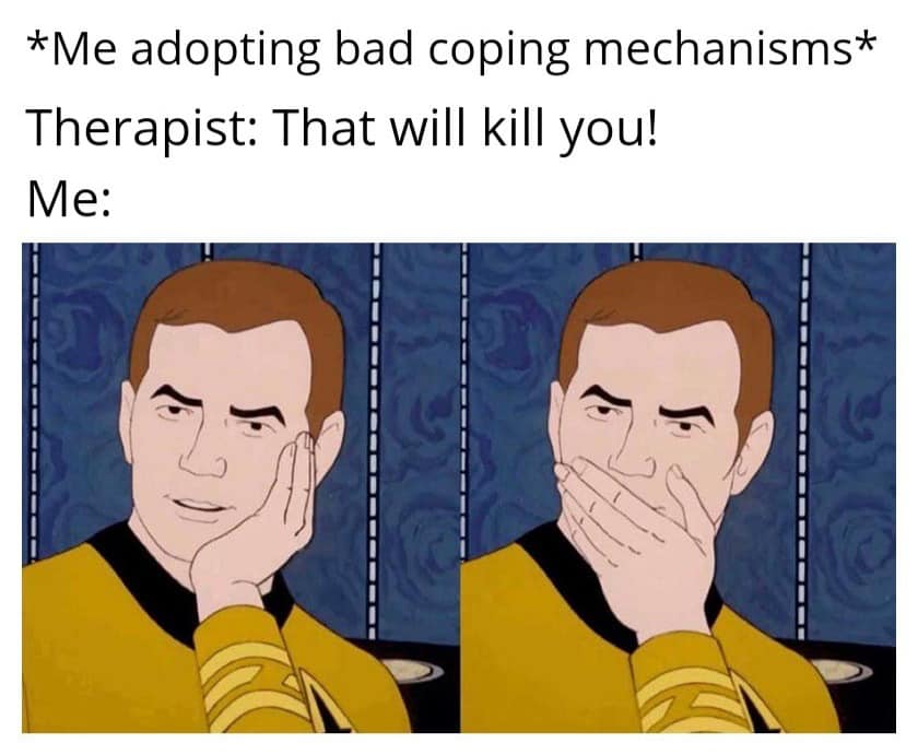 This meme is a humorous commentary on the coping mechanisms people use to deal with emotional pain. The image shows a character from the TV show "Star Trek: The Next Generation" (Worf) with a sarcastic expression, captioned with the text "Me: I'm fine. I just have a few emotional scars that I've learned to live with." The image is meant to be humorous and ironic, poking fun at the idea that people often try to downplay their emotional pain.