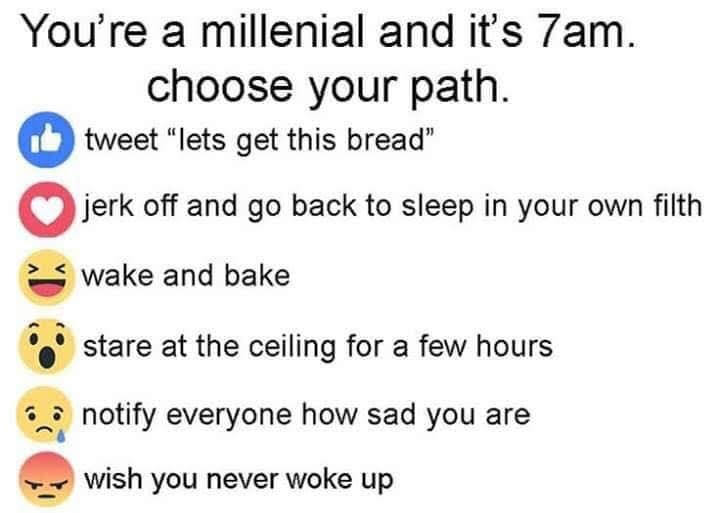 The meme is a humorous response to a hypothetical scenario where someone is forced to choose between a series of ridiculous and unpleasant tasks. The text at the top of the image reads: "You're a millennial and it's 2023. Choose your path." The meme then presents a series of unappealing options, each represented by a Facebook "Reaction" emoji.