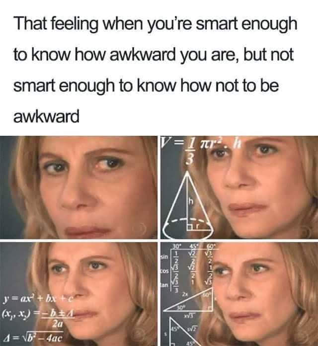 This meme is a humorous expression of feeling awkward or uncertain about one's intelligence. The text at the top reads: "That feeling when you're smart enough to know how awkward you are, but not smart enough to know how not to be awkward." The image below shows a woman with a confused and embarrassed expression, surrounded by equations and diagrams that illustrate her struggle to understand her own awkwardness.