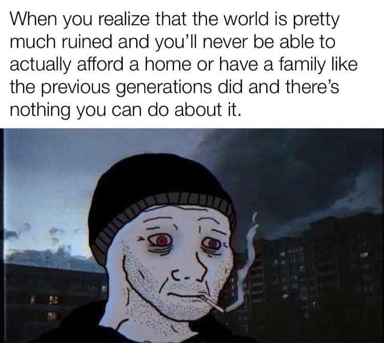 This meme is a humorous commentary on the state of the world. The image shows a character with a shocked expression, while the text above reads: "When you realize the world is going to end and you'll never be able to afford a home or have a family like your parents did."