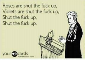 This meme is a humorous take on the traditional "Roses are red, Violets are blue" poem. The image shows a person standing at a podium, holding a bouquet of flowers, with a sarcastic and angry tone. The text reads: "Roses are red, Violets are blue, in my head, I'm freaking out, I hate you."